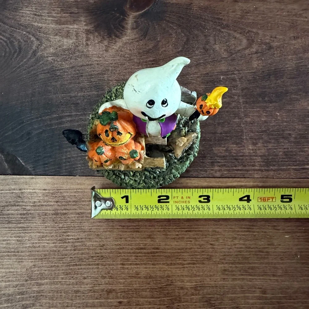 Halloween Ghost Figurine with Pumpkins and Bat Resin Decor Adorable Multi Color